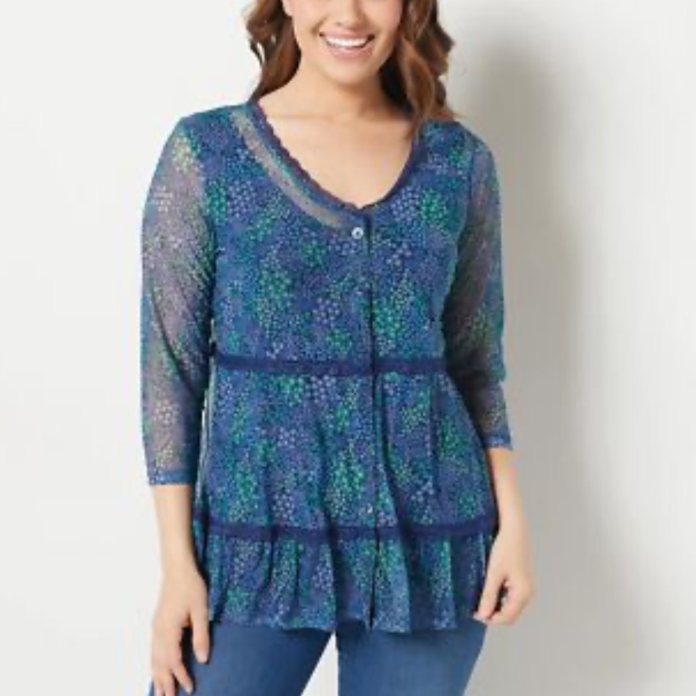 Isaac Mizrahi Live! Daisy Floral Mesh Shirt Royal Navy Size XL New